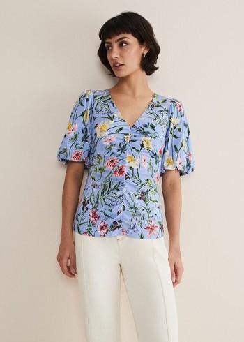 Phase Eight Donda Floral Ruched T Shirts Blue/Multicolor Canada | QCGNZO-069